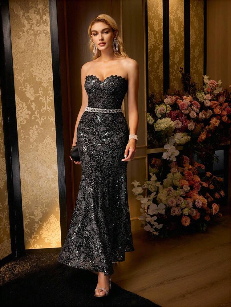 MOTF Soiréza SEQUIN FLORAL BIAS CUT PROM DRESS