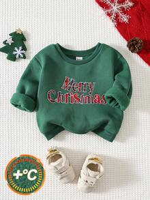 SHEIN 4pcs Baby Boy Casual Cartoon Christmas Element Letter Print Plaid Applique Loose Fit Soft Knit Crew Neck Pullover Sweatshirt, Suitable For Autumn/Winter Family Matching Outfits Mommy And Me (Sold Separately) - Multicolor - View 4