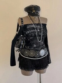 Sweetra Sunspun-D Camiseta de manga larga con estampado de letras de moda, de corte ajustado, con diseño de hombros descubiertos, vintage, audaz y vanguardista, adecuada para uso diario, estilo universitario, Halloween, para mujeres de talla grande - Negro - Ver 5