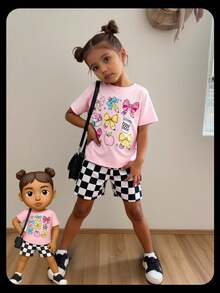 SHEIN 2Pcs/Set Young Girl Back To School Pencil And Bow Print Short Sleeve T-Shirt And Checkboard Pattern Shorts Set, Suitable For Summer Daily Wear - Baby Pink - View 1