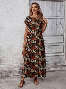 EMERY ROSE Casual Versatile Retro Autumn Leaf Flower Pattern Summer Dress For Women, Suitable For Outings - Multicolor - View 6