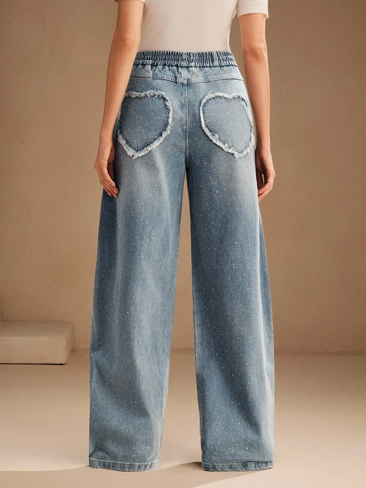 Women's Drawstring Waist Pockets Rhinestone Washed Blue Straight Leg Jeans