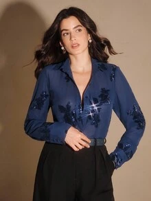 Anewsta Áo sơ mi nữ dáng rộng thêu hoa hồng thanh lịch kiểu Pháp - Màu xanh hải quân - Xem 3