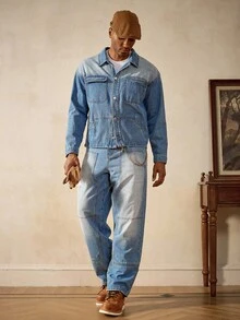 Manfinity Homme Ensemble veste et jeans multi-poches lavés pour homme, vêtements d'automne - Bleu azur - Voir 5