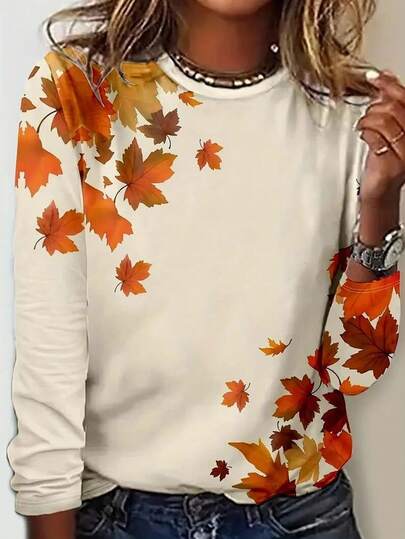 EMERY ROSE Camiseta casual de manga larga con cuello redondo y estampado de hojas de arce para mujer de talla grande, para primavera y verano