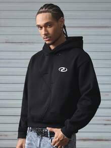 AXEPEAK 男士几何印花长袖休闲宽松连帽运动衫，秋季，秋冬 - 黑色 - 查看 1