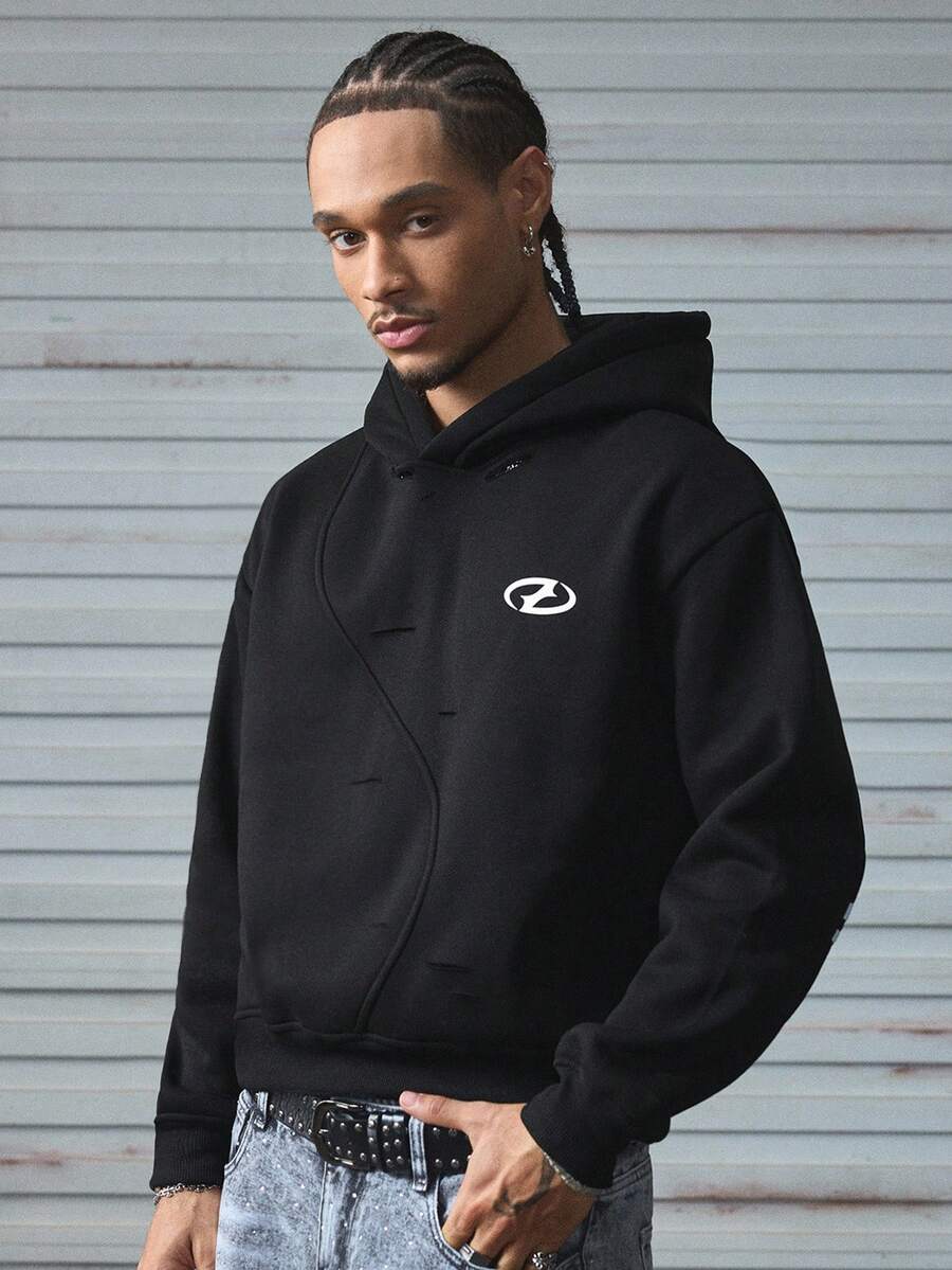 AXEPEAK 男士几何印花长袖休闲宽松连帽运动衫，秋季，秋冬 - 黑色 - 查看 1