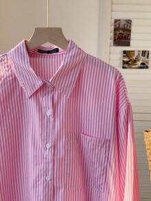 SHEIN Tall CURVE Plus Size Casual & Commuting Stripe Drop Shoulder Long Sleeve Shirt,Business Casual Woman - Pink - View 4