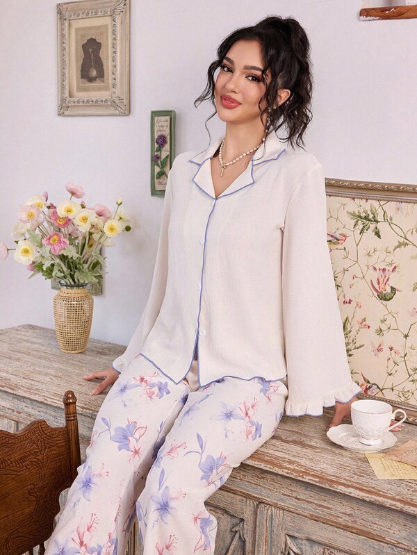 CottageSlumber 女式撞色饰边纽扣前襟上衣和裤子睡衣套装，花卉印花和荷叶边装饰，适合春秋季、秋季服装