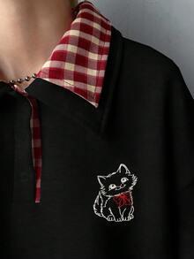 FRIFUL Women's Regular Collar Loose Plaid Fabric Patchwork Front Cute Animal Decor Collegiate Style Fleece Thick Sweatshirt, Autumn Kawaii Shirt Dark Academia Clothes Korean Fashion Anime Clothes Aesthetic Clothes,Winter