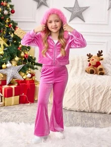 Set de 2 piezas de sudadera con capucha de terciopelo elegante y cómoda y pantalones jogger para niñas jóvenes, conjunto de atuendo casual y vintage lindo para otoño/invierno, estilos a juego madre-hija, hermana - Rosa - Ver 3