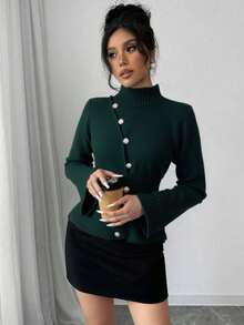 Selianne Elegant Bell Sleeve Cinched Waist Green & Gold Decorative Button Sweater, Autumn/Winter Fall Cloth For Women - Green - View 6