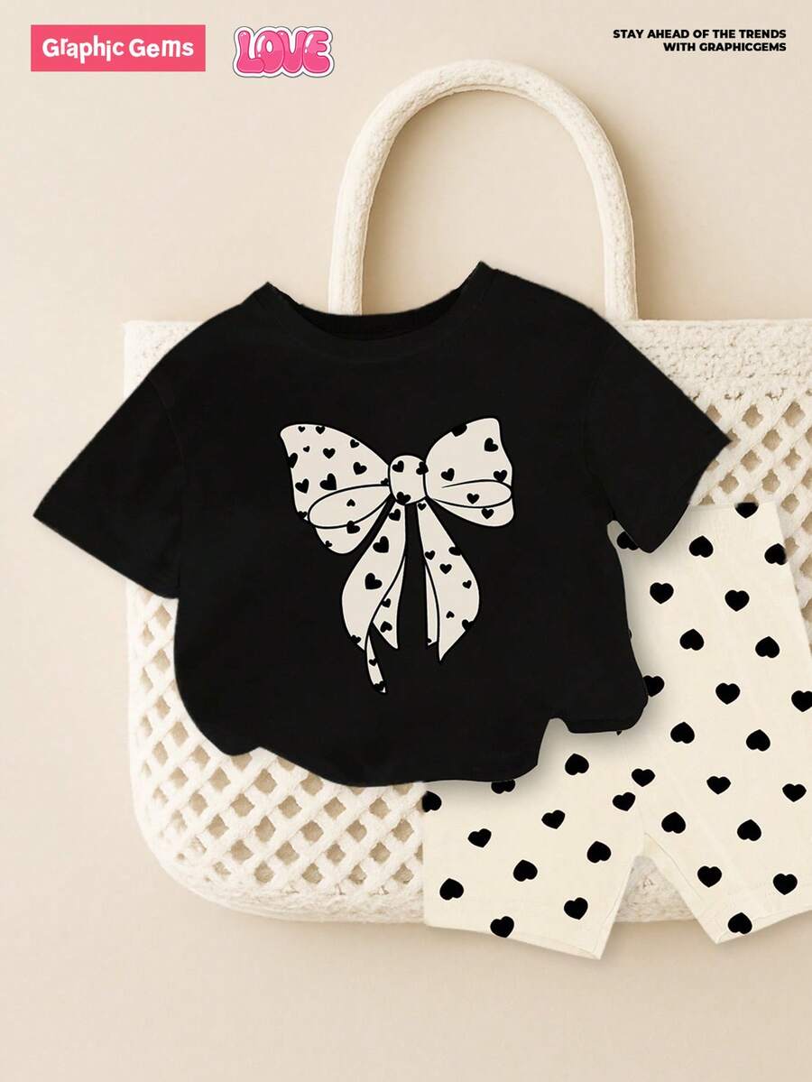 GraphicGems Baby Girls Polka Dot Bow Pattern Round Neck Short Sleeve Black T-Shirt And Heart Print Knitted Tight Shorts Set Baby Girl Outfit