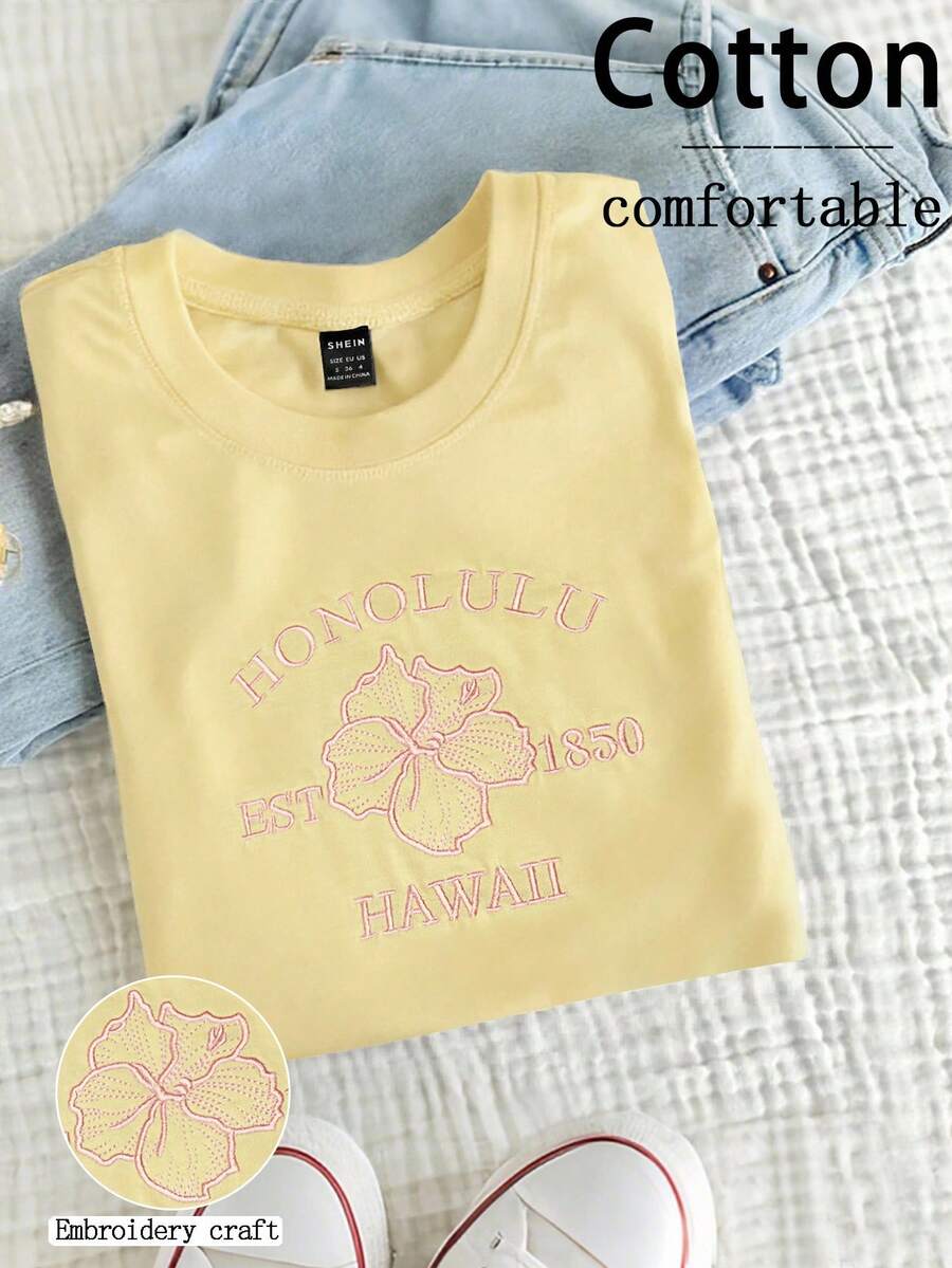 TaskSense 女士撞色标语与芙蓉刺绣圆领T恤，夏季