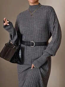 CLARA VERO Women's Elegant Rib Knit Ribbed High Neck Flare Hem Balloon Sleeve Knit Sweater Dress Comfy And Chic Winter - Grey - View 6