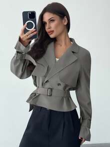 Firerie 女式新款卡其色腰带风衣，带口袋，秋冬女装 - 灰色 - 查看 6