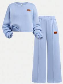 SHEIN 青少年女孩休闲宽松舒适圆领长袖短款连帽衫和裤子套装 - 淺藍色 - 查看 14