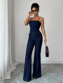 Siren Gaze 女式休闲时尚翻盖口袋高弹力喇叭腿牛仔连体裤，夏季 - 中等水洗藍 - 查看 3