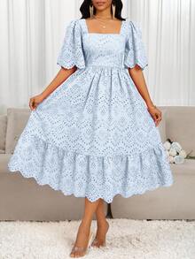 SHEIN Lady Váy dài vừa phải thêu rỗng màu trơn thanh lịch dành cho nữ - Màu xanh nhạt - Xem 5