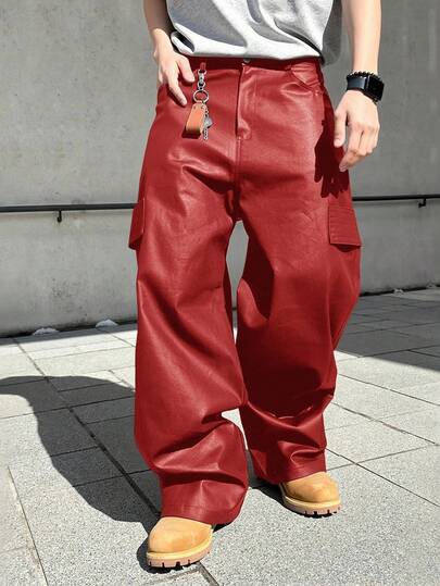 PAVTROS Pantalones de cuero negro PU Streetrush para hombres de Manfinity, pierna recta holgada y pantalones de cuero versátiles, pantalones casuales holgados de pierna ancha para hombres, pantalones anchos y holgados rojos para hombres, para otoño e invierno