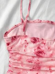 SHEIN Vestido de verano para adolescentes, nuevo año, día de San Valentín de color rosa y blanco con estampado floral de malla, cuello halter, para vacaciones/días festivos, vintage/playa/mar/elegante, vestido rosa con flores, vestido de verano - Rosa - Ver 3