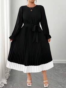 SHEIN Elenzya 大码女式拼色圆领长袖褶边优雅连衣裙 - 黑色 - 查看 5