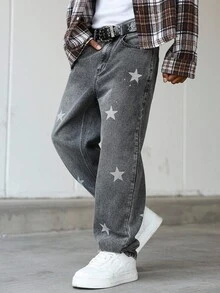 Manfinity Homme 男士休闲斑马纹宽腿宽松牛仔裤 - 深灰色 - 查看 3