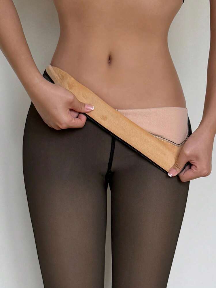 DAZY 黑色透明紧身裤，显腿纤细不透明连裤袜，保暖无脚打底裤，女士抓绒紧身裤，冬季 - 黑色 - 查看 9