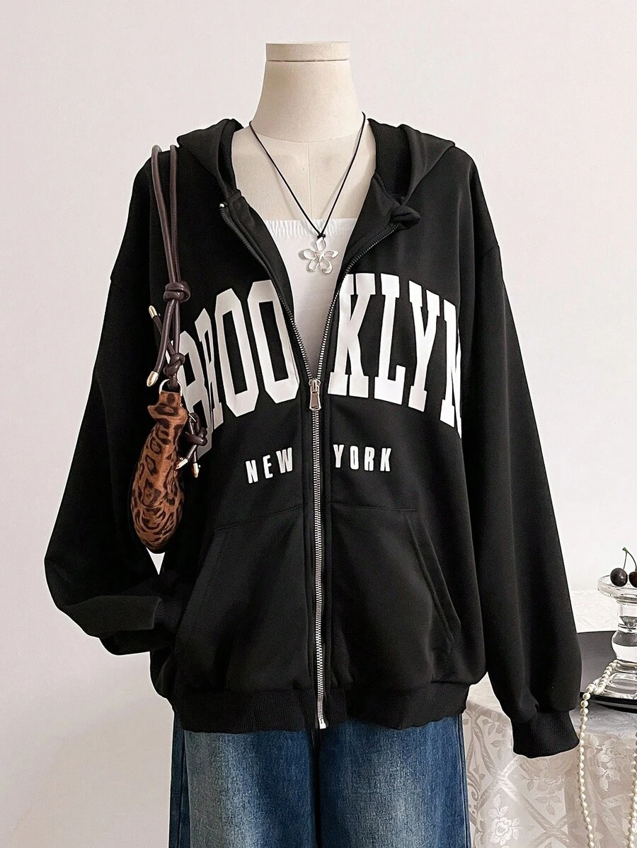1pc Teen GirlCasual Minimalist Letter Print Pocket Zip-Up Hoodie Jacket, Simple Streetwear Style, Essential For Autumn/Winter Fall - Black - View 1