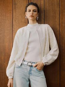 EMERY ROSE 女式秋季蕾丝领拉链棒球夹克 - 米色 - 查看 4