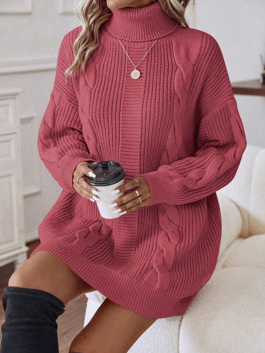 EMERY ROSE Women's Casual Knitted Dress With High Neck, Drop Shoulder, Long Sleeve, Cable Pattern, Suitable For Autumn/Winter - Rose Red - View 1
