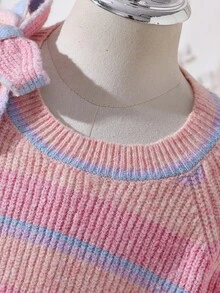 Tween Girls' Bow-Accent Sweaters Thick Long-Sleeve Loose Knit Pullovers Autumn/Winter School Everyday Pink And Purple Striped Cute - Pink - View 8