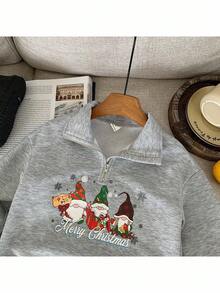 SHEIN Young Girl Solid Color Christmas Pattern Stand Collar Half-Zip Casual Sweatshirt Autumn Winter Clothes - Grey - View 4