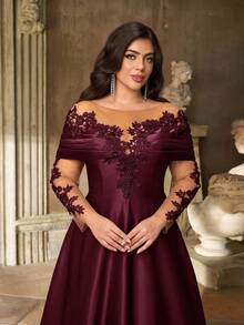 Aureia Plus Size Elegant Luxurious Embroidered Lace Applique Sheer Long Sleeve Off Shoulder Stretch Satin Maxi A-Line Dress, Suitable For Weddings, Parties, Vacations, Balls, Evening Gowns (Heavy Embellishment), Valentine's Day - Burgundy - View 2