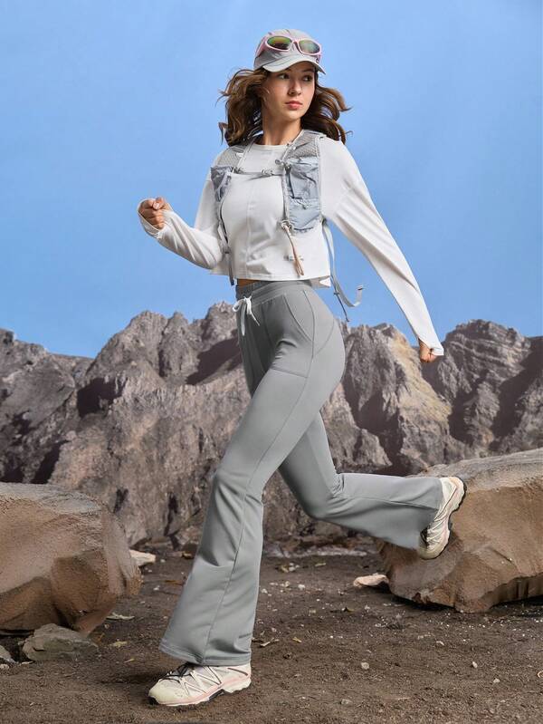 In My Nature Women's Solid Color Drawstring Waist Pockets Flared Casual Versatile Outdoor Pants Women S Athleisure Women Athleisure Jogger Sets For Women Hiking Clothes Women Set