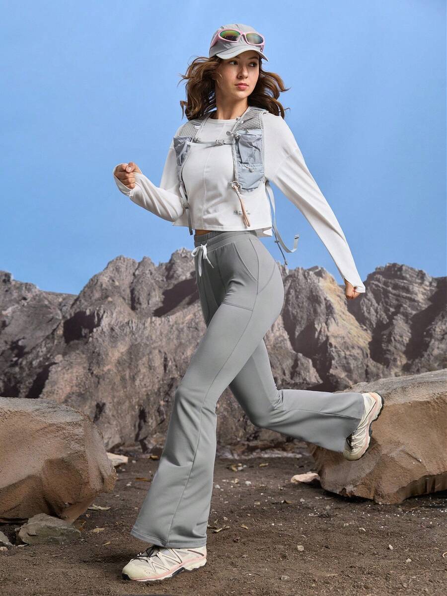 In My Nature 女士纯色抽绳腰口袋喇叭裤休闲百搭户外裤女式运动休闲慢跑裤套装女式徒步服套装 - 灰色 - 查看 1