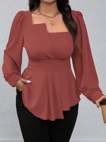 SHEIN LUNE Áo sơ mi tay dài cổ vuông màu trơn viền bèo nhún cỡ lớn, thường ngày cho dịp Giáng sinh, áo peplum - Gỗ đỏ - Xem 1