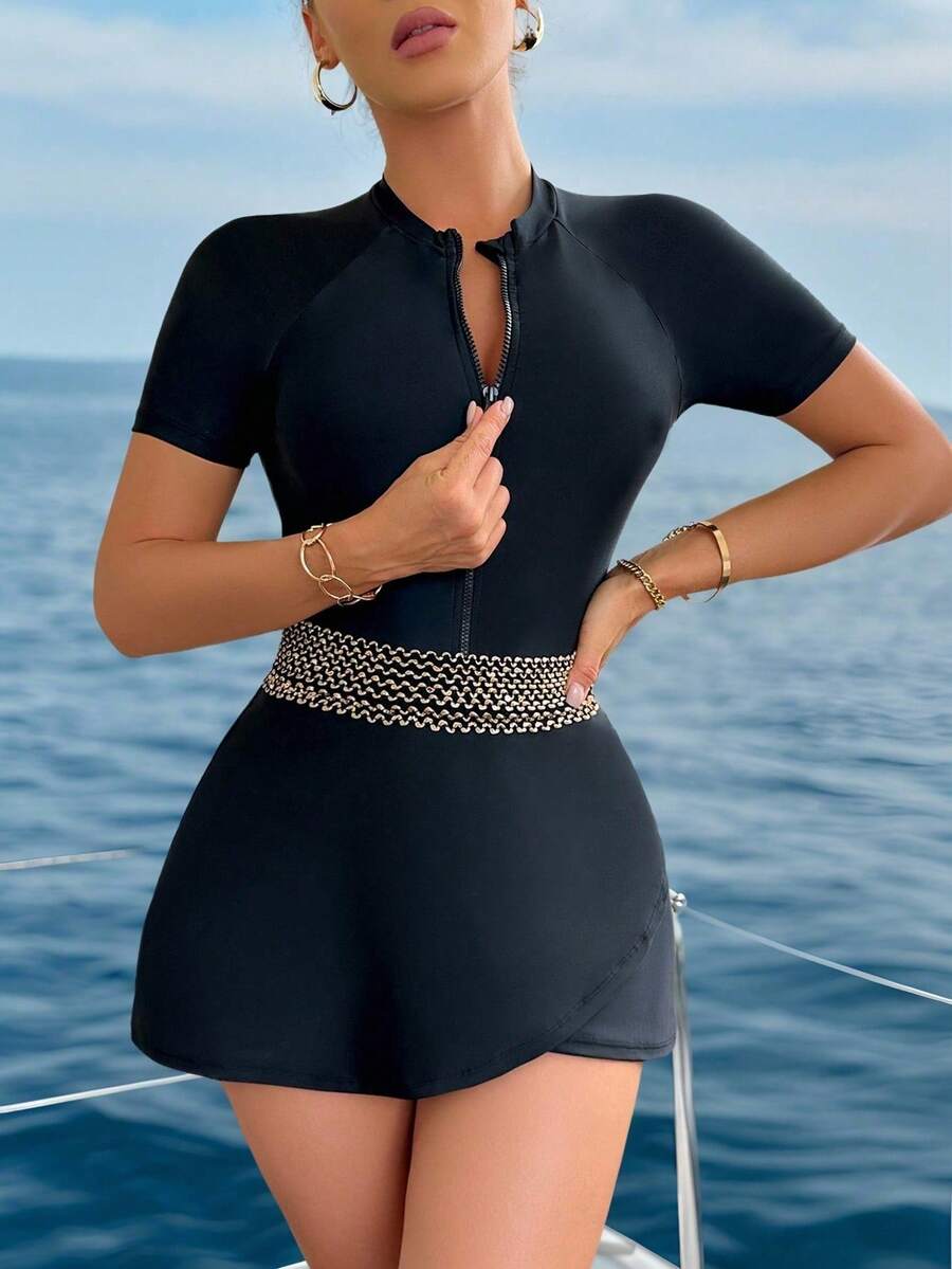 Swim Mulvari 1pc Women's One-Piece Swimsuit With Zipper Front, Black With Gold Trim, Elegant & Conservative, Suitable For Spring/Summer, Beach, Party - Multicolor - View 1