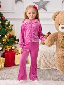 Set de 2 piezas de sudadera con capucha de terciopelo elegante y cómoda y pantalones jogger para niñas jóvenes, conjunto de atuendo casual y vintage lindo para otoño/invierno, estilos a juego madre-hija, hermana - Rosa - Ver 8