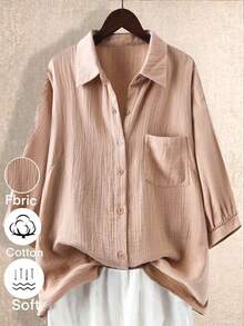 Linhara Áo sơ mi họa tiết tay giữa màu trơn cỡ lớn, cài nút phía trước, thường ngày - màu nâu - Xem 1