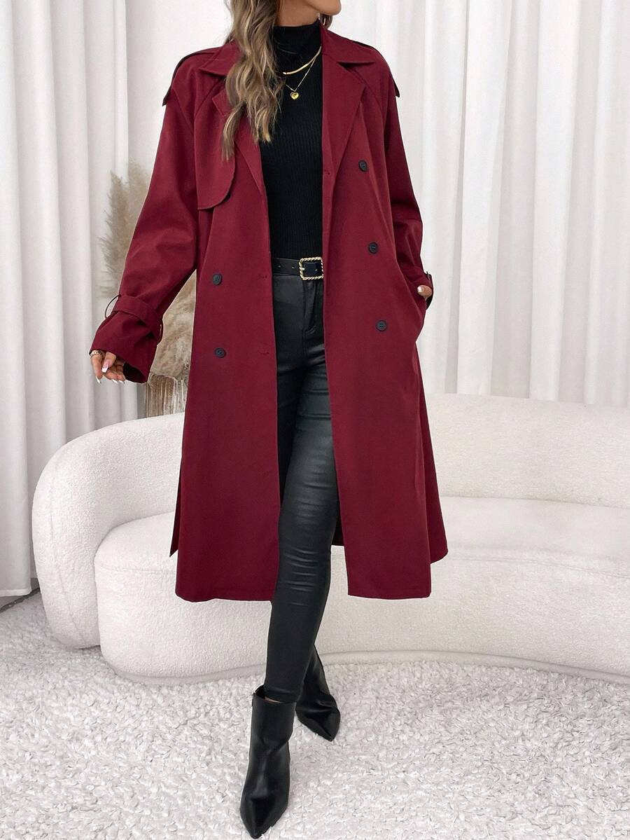 SHEIN Clasi 女士圣诞节，优雅插肩袖双排扣腰带酒红色长款风衣，秋冬季万圣节圣诞节女士冬季风衣 - 酒紅色 - 查看 1