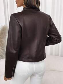 Editum 女式仿皮夹克，女式短款常规夹克，新款秋冬款式，保暖内衬 - 卡其色 - 查看 2