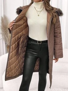 SHEIN Clasi معطف نسائي أنيق بغطاء رأس مبطن بنمط السمكة الهرنجية، معطف مبطن متوسط الطول للخريف/الشتاء - بني فاتح - مشاهدة 8