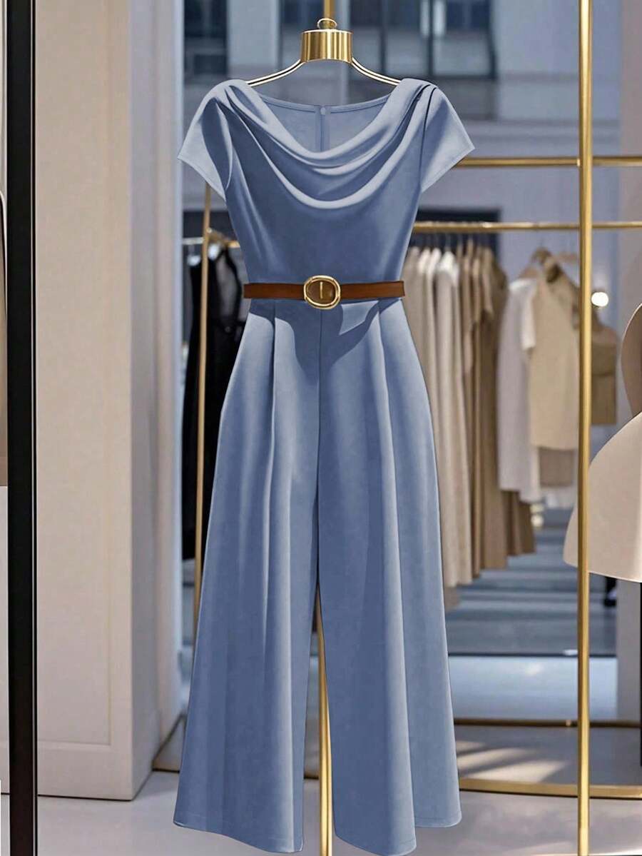 Franclia 女士优雅褶皱宽松阔腿连体裤，简约纯色 - 藍色 - 查看 1