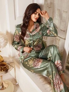 LuxeNights Women's Satin Floral Print Elegant Lapel Collar Long Sleeve Pajama Set, Fall Winter Clothes - Green - View 1