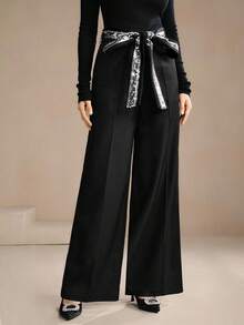 Anewsta Black,Summer,Elegant,Sequin,Party Night Unique 3D Sequins Beaded Wide Waistband Mid-Rise Straight Leg Pants With Pockets,Chic,Christmas,New Year Pants - Black - View 5