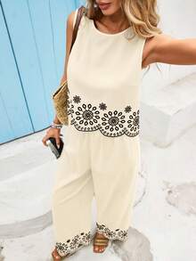 Vivid Eden 女士优雅棉质刺绣吊带背心和裤子两件套 - 白色 - 查看 5