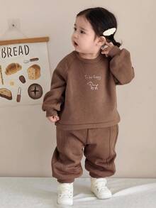 DAZY 2pcs Baby Girls Casual Letter & Cartoon Print Long Sleeve Sweatshirt And Loose Fit Pants Set Toddler Girls Clothes - Coffee Brown - View 5