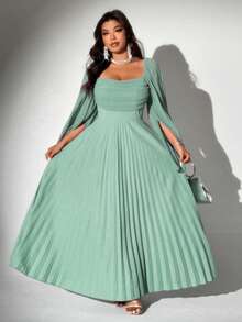 Viva Relle Vestido feminino plus size elegante romântico plissado de chiffon manga comprida - Menta verde - Ver 2