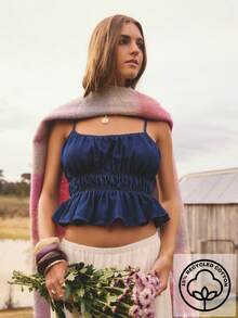 Aralina 女士休闲秋冬牛仔荷叶边露脐上衣，非常适合教师节、乡村音乐会和万圣节等场合 - 深色水洗藍 - 查看 12